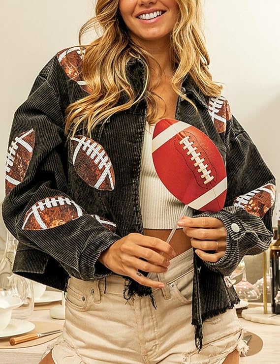 HuddleBabe™ Football Sequin Corduroy Vintage Wash Jacket
