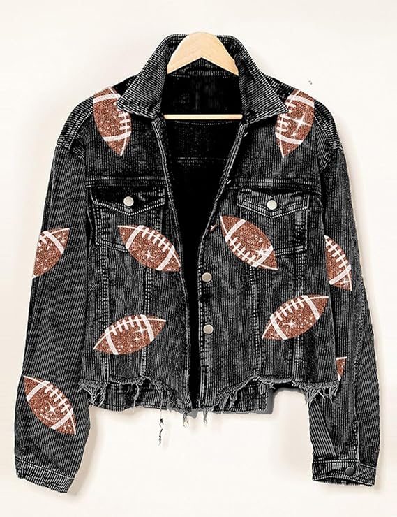 HuddleBabe™ Football Sequin Corduroy Vintage Wash Jacket